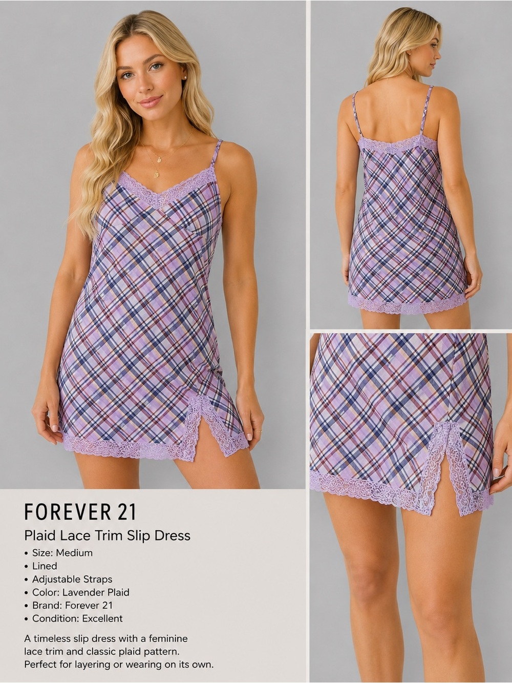 Forever 21 Plaid Lace Trim Slip Dress Medium Lavender Y2K Coquette Lined